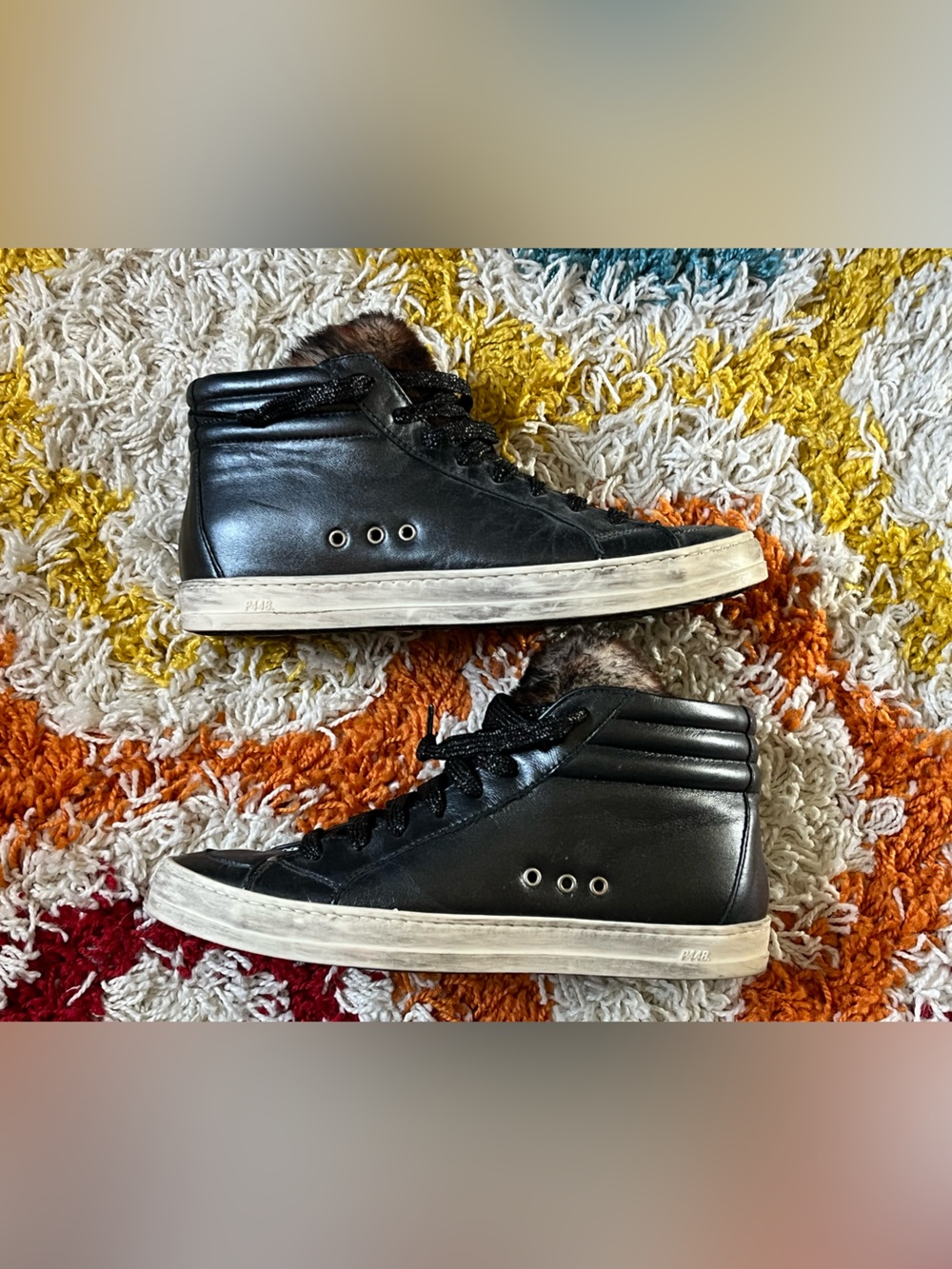 Excellent P448 Black Leather High-Top Skater Sneakers Faux Fur Tongue 37 6.5-7